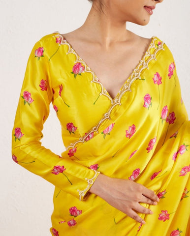 Daisy Yellow Color Pure Soft Japan Satin Silk With Beautiful Floral Printed Saree With khatli Work Blouse