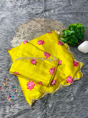 Daisy Yellow Color Pure Soft Japan Satin Silk With Beautiful Floral Printed Saree With khatli Work Blouse