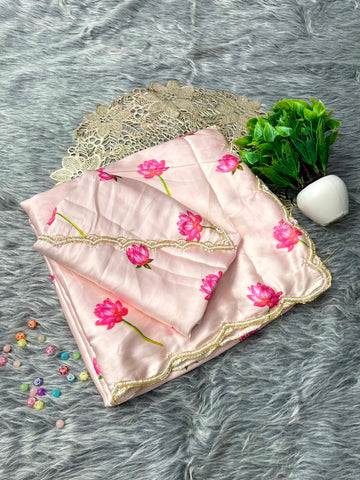 Peach Color Pure Soft Japan Satin Silk With Beautiful Floral Printed Saree With khatli Work Blouse