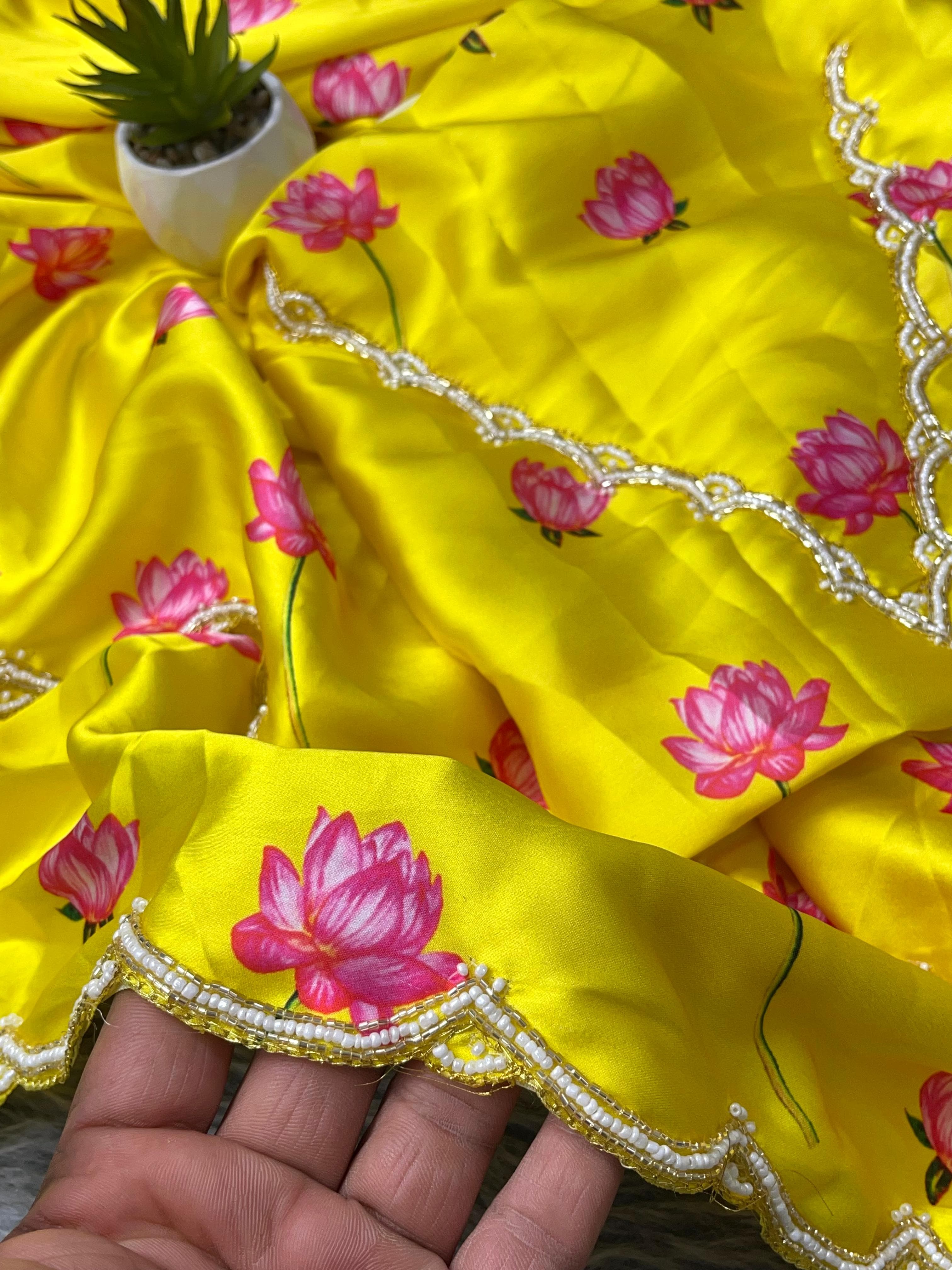 Daisy Yellow Color Pure Soft Japan Satin Silk With Beautiful Floral Printed Saree With khatli Work Blouse