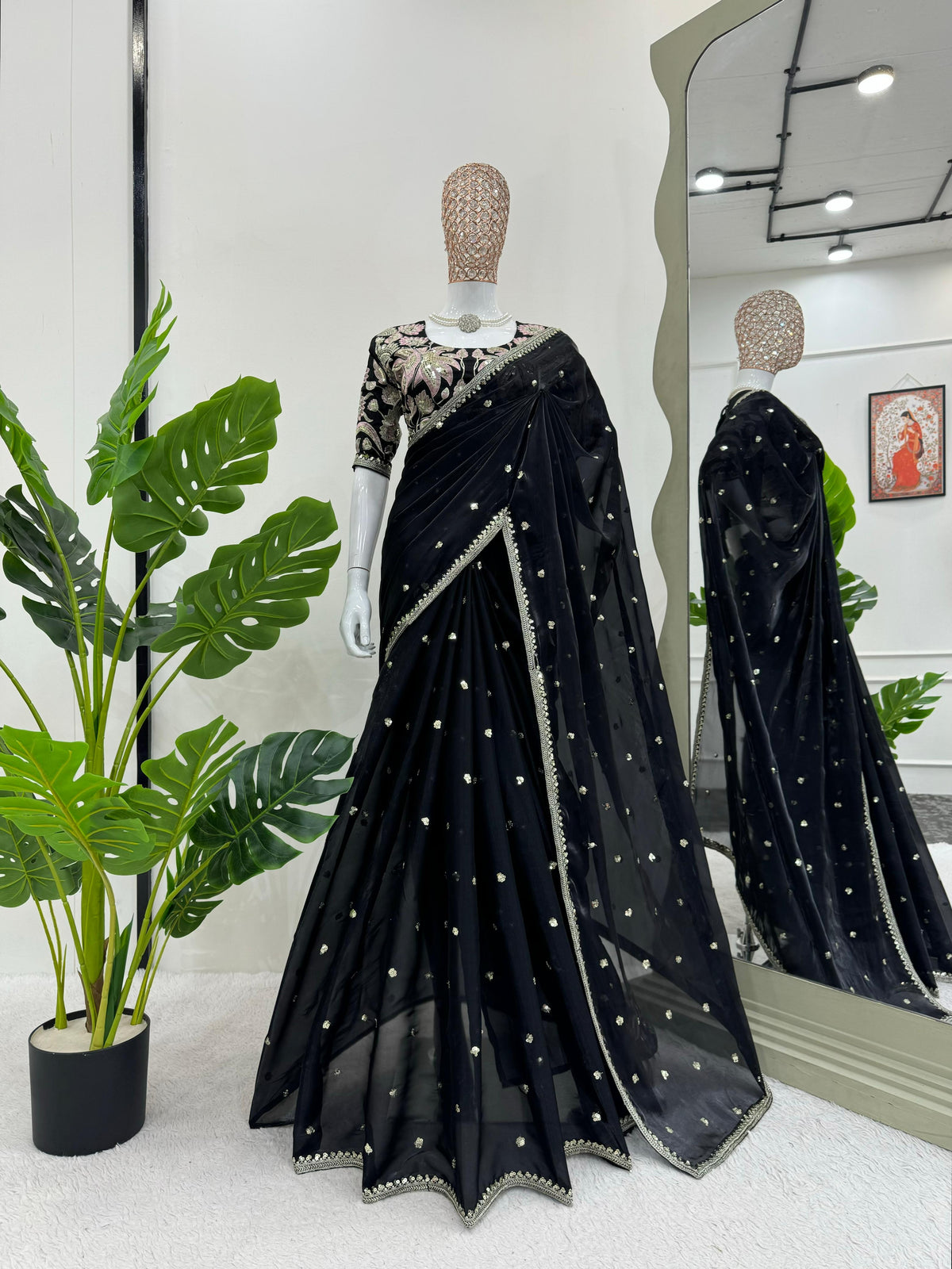 Luxuriant Black Color Designer Jimmy Chu Sequence And Thread Work Saree