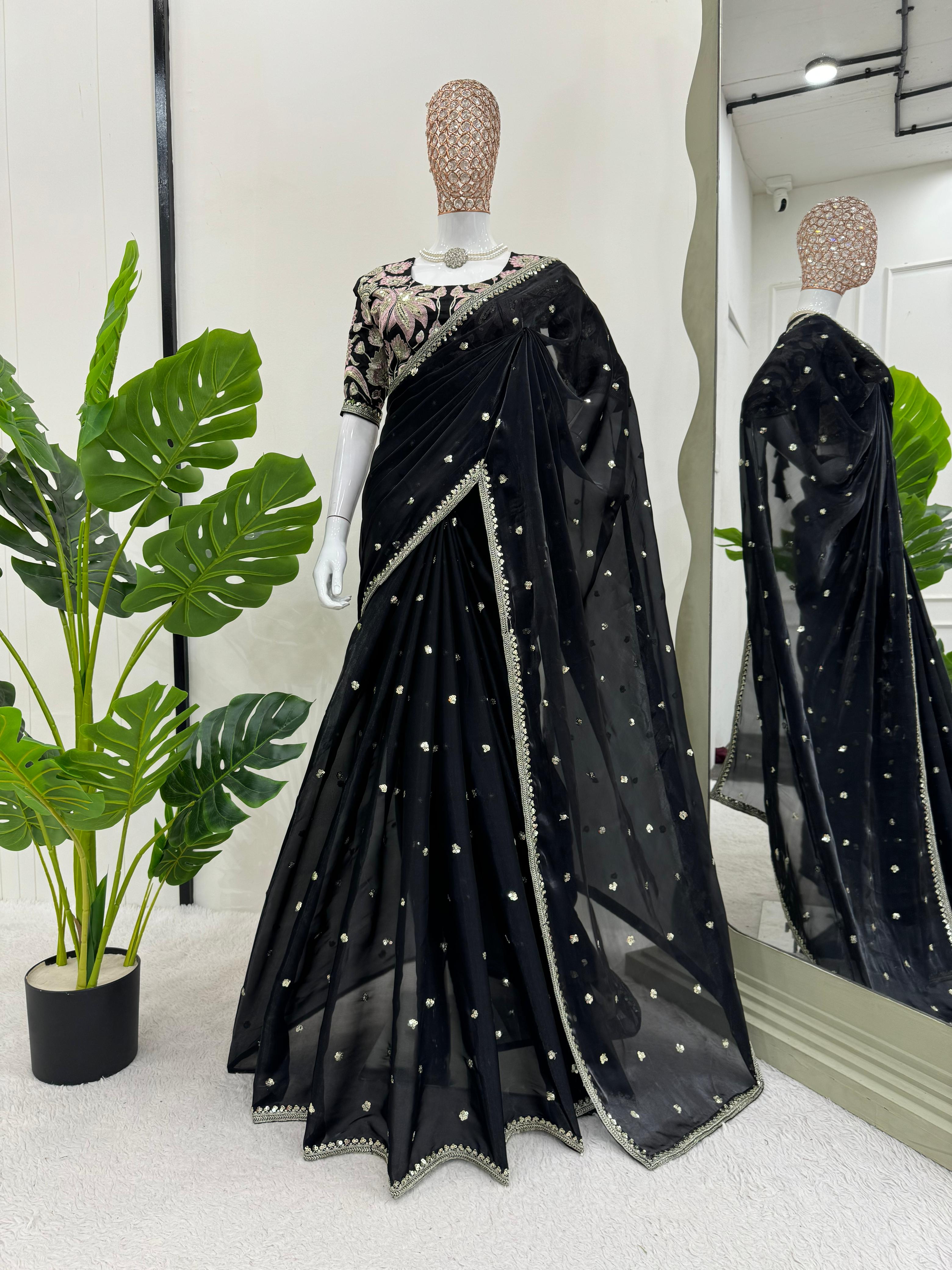 Luxuriant Black Color Designer Jimmy Chu Sequence And Thread Work Saree