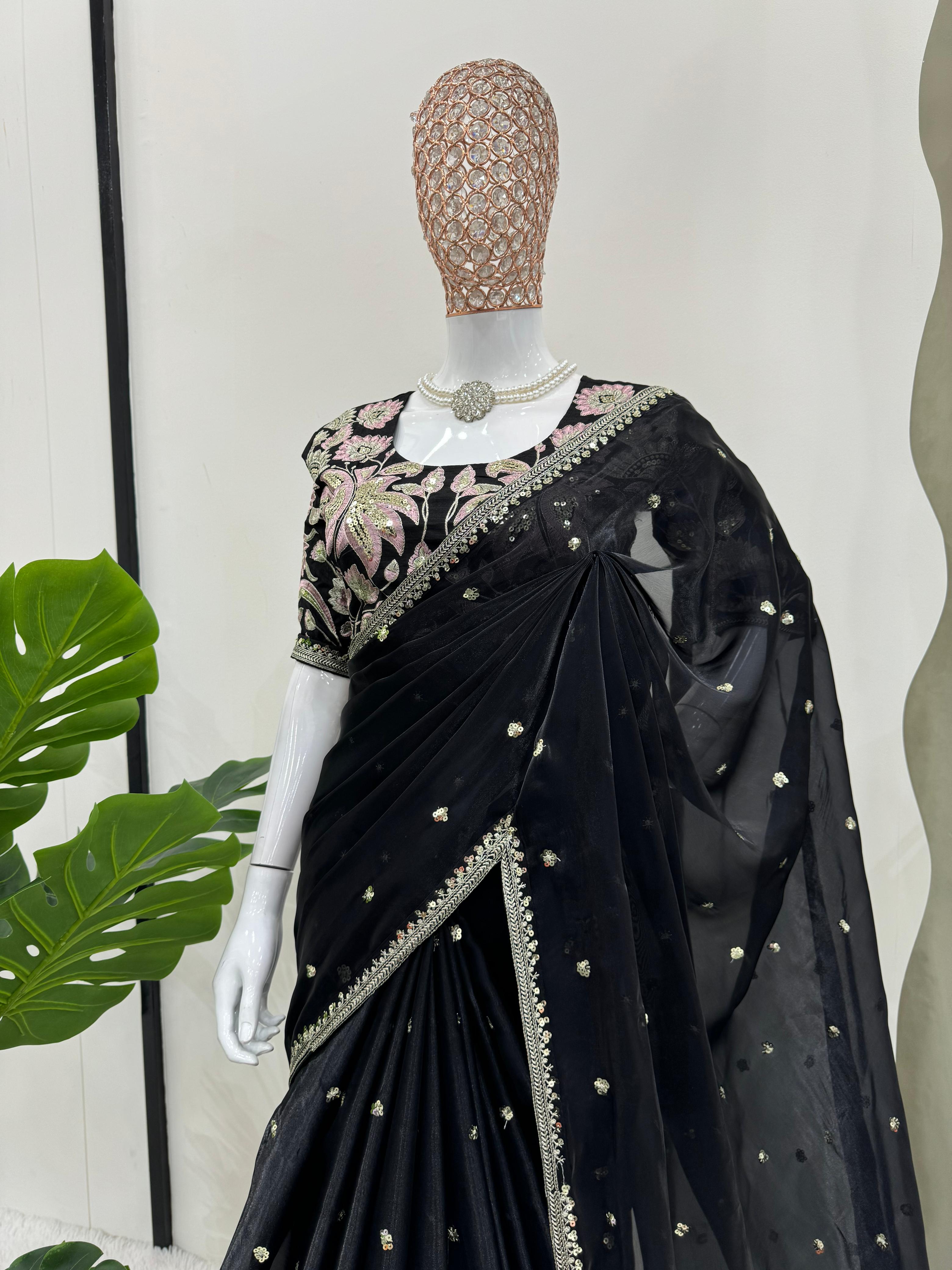 Luxuriant Black Color Designer Jimmy Chu Sequence And Thread Work Saree