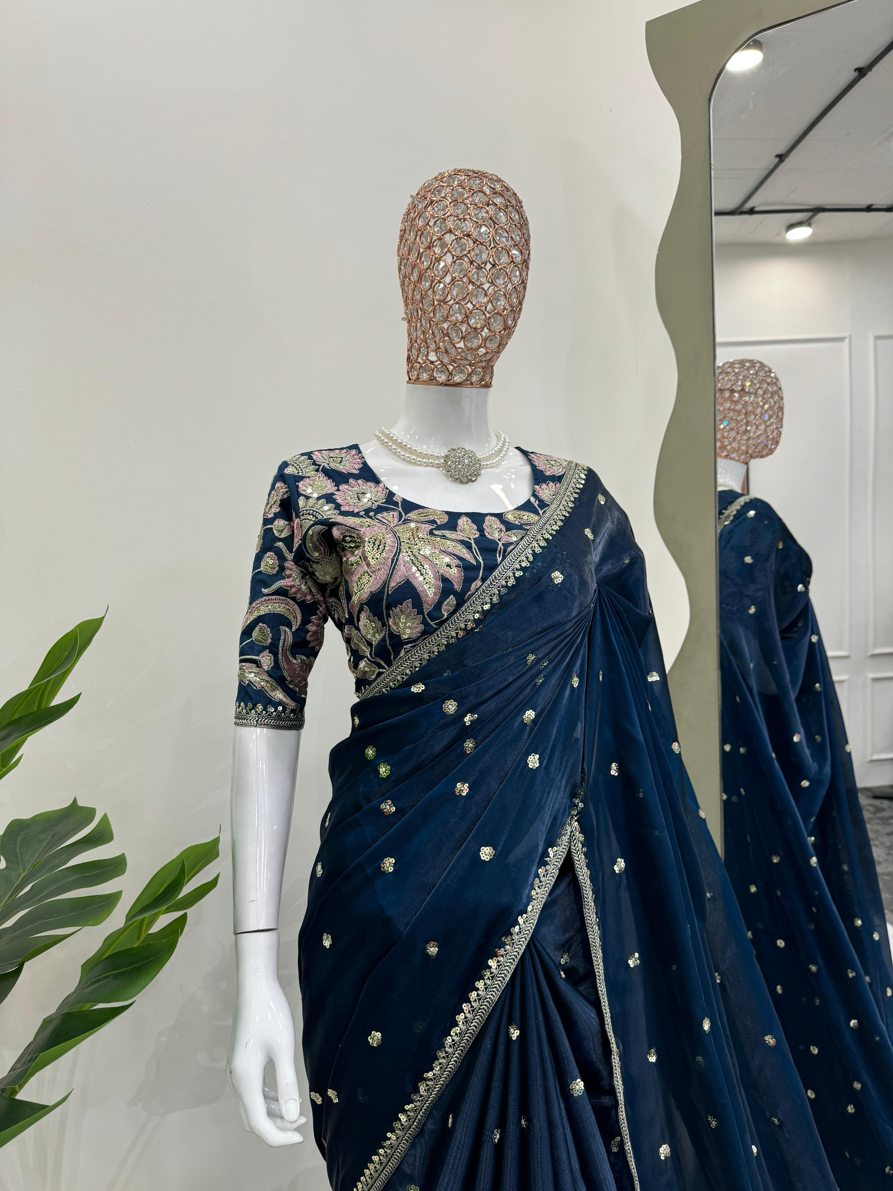 Luxuriant Teal Blue Color Designer Jimmy Chu Sequence And Thread Work Saree