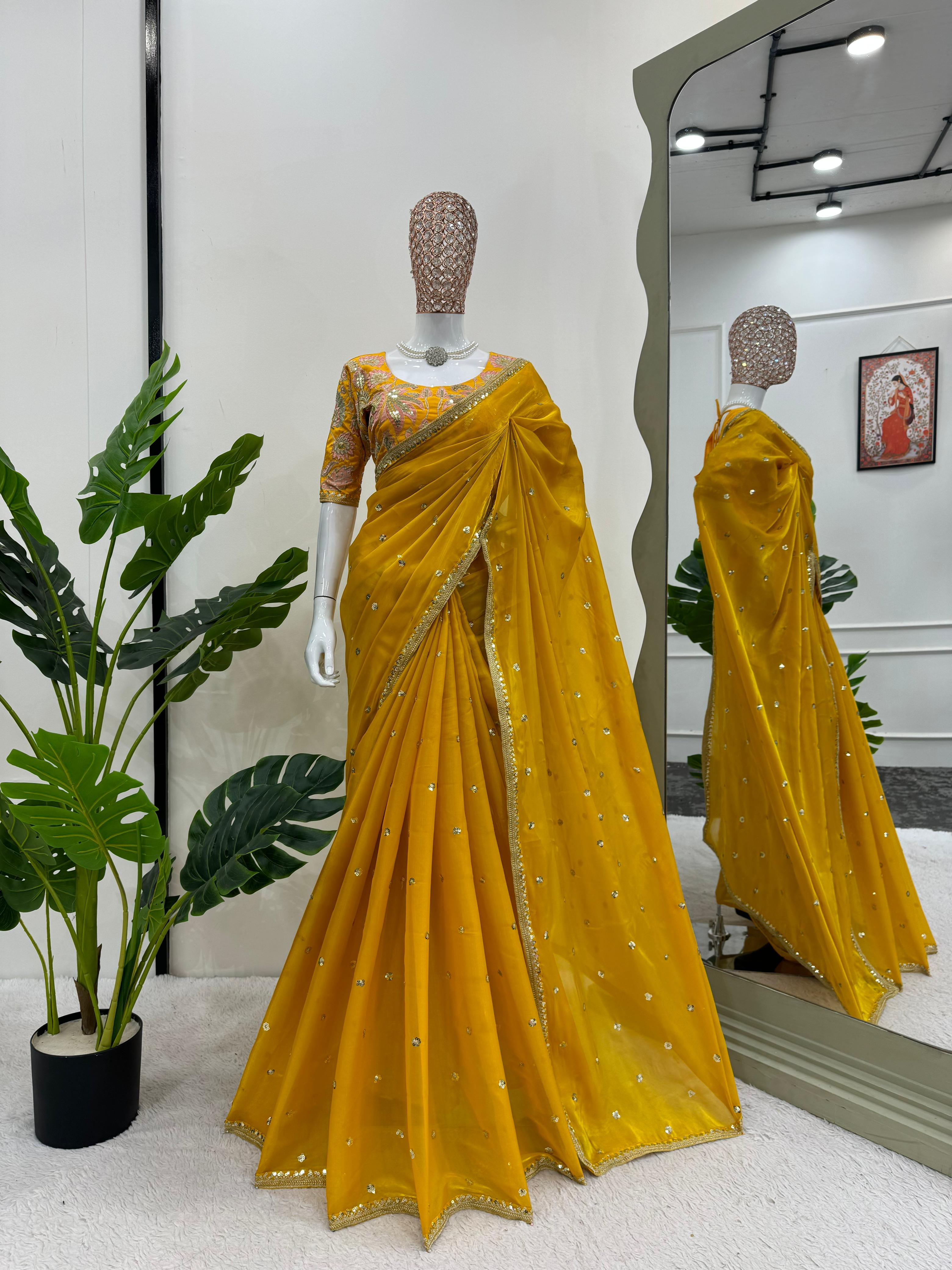 Luxuriant Mustard Color Designer Jimmy Chu Sequence And Thread Work Saree