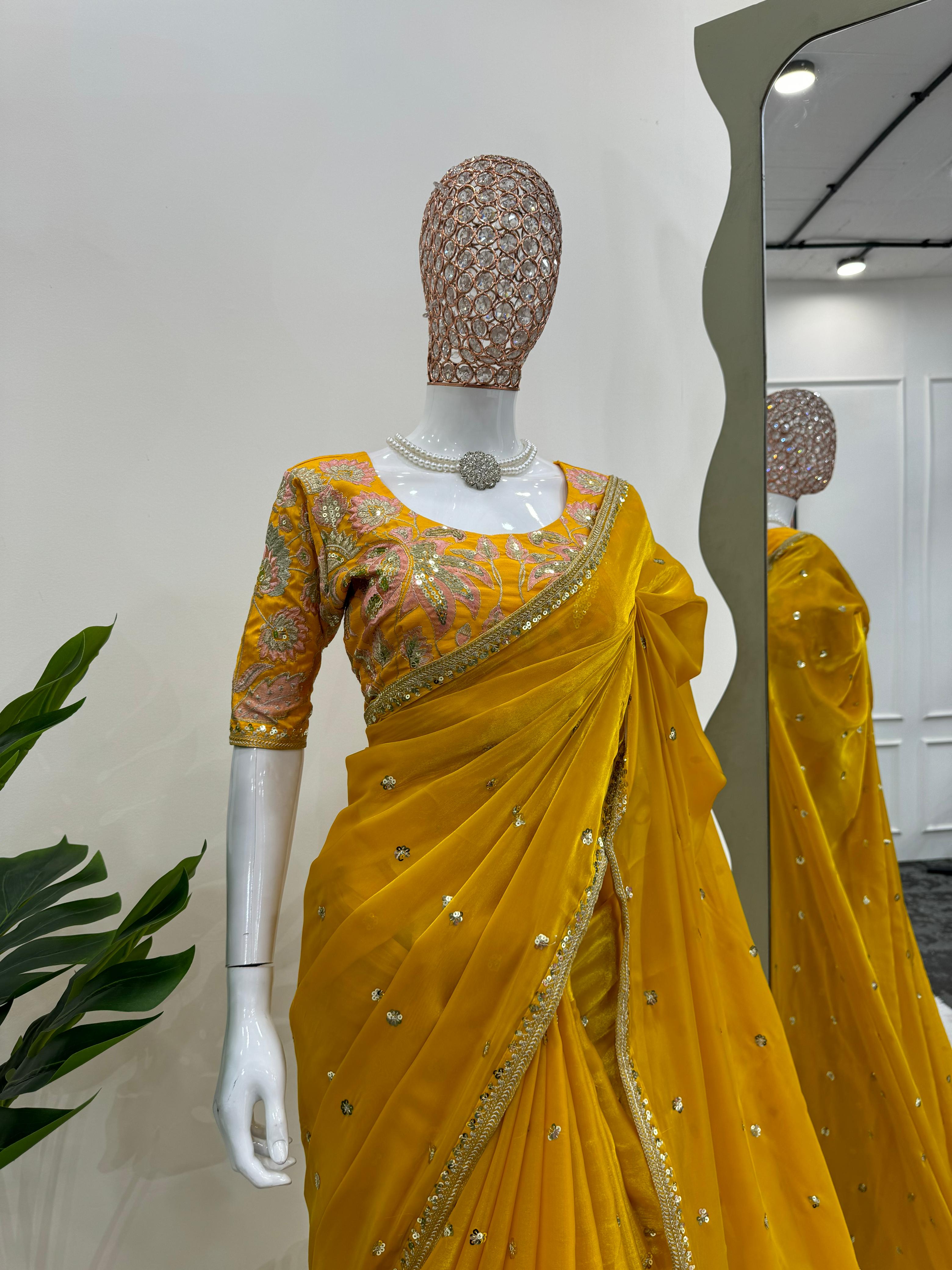 Luxuriant Mustard Color Designer Jimmy Chu Sequence And Thread Work Saree