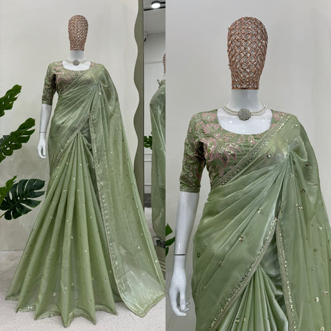 Luxuriant Light Green Color Designer Jimmy Chu Sequence And Thread Work Saree