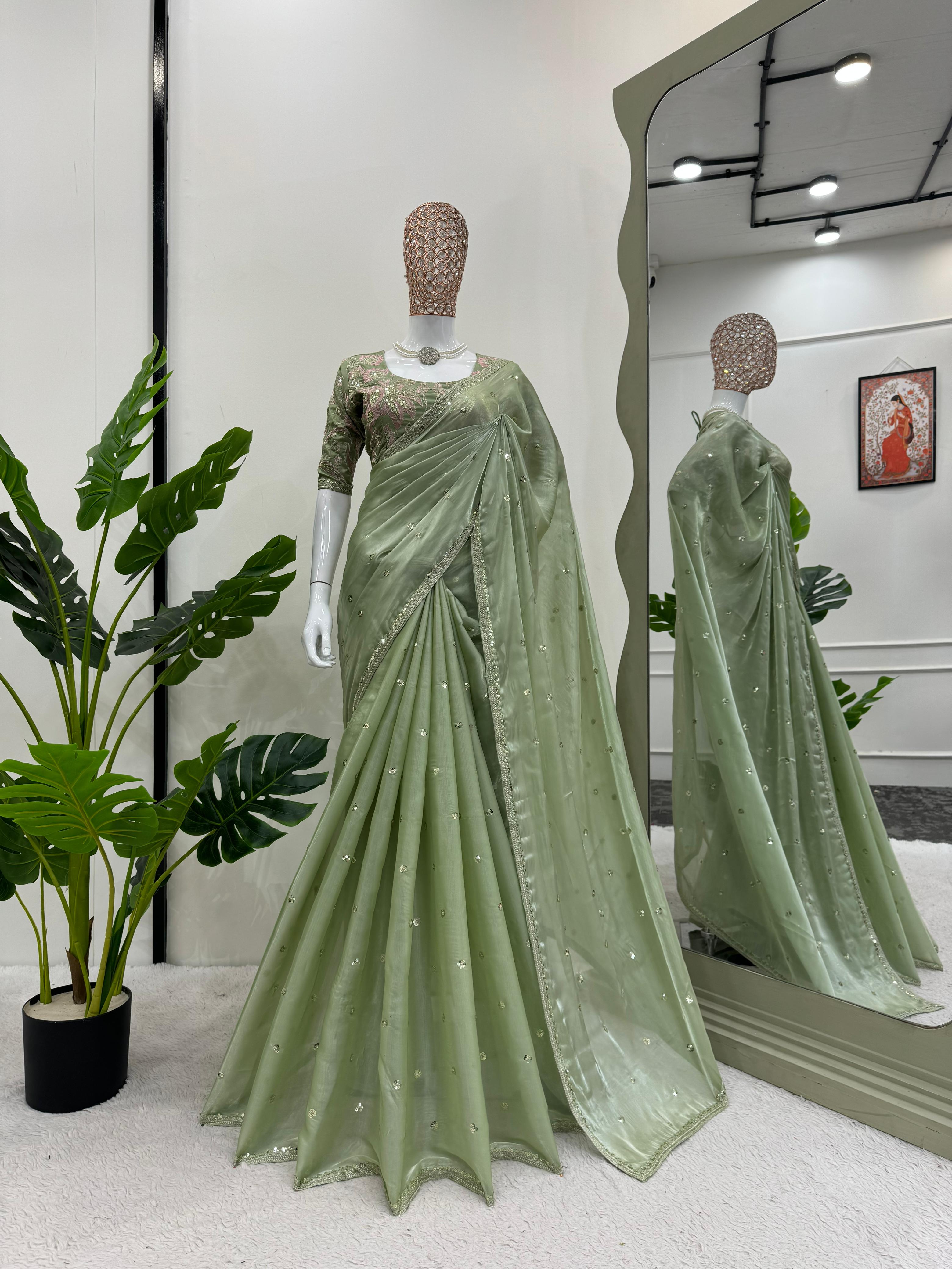 Luxuriant Light Green Color Designer Jimmy Chu Sequence And Thread Work Saree