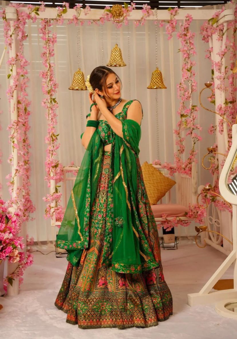 Ravishing Green Color Jimmy Organza Silk Digital Printed Lehenga Choli