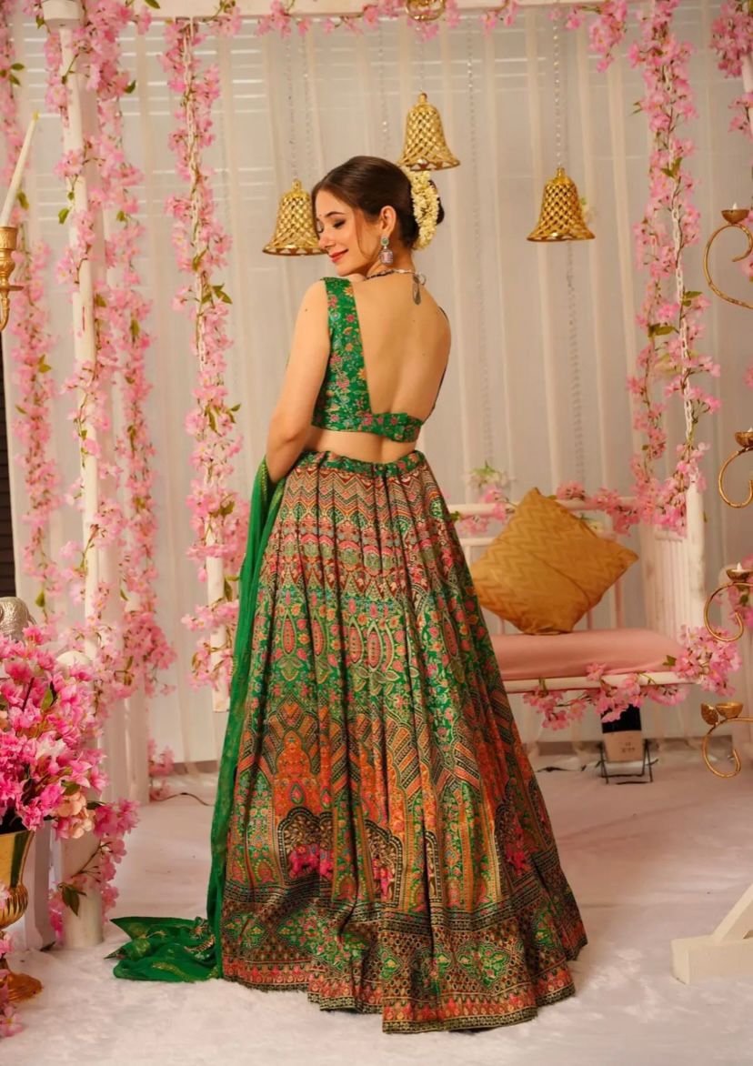 Ravishing Green Color Jimmy Organza Silk Digital Printed Lehenga Choli