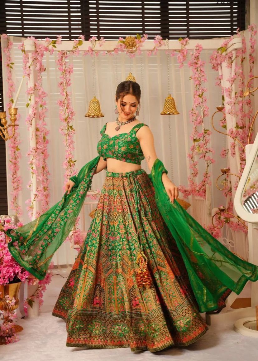 Ravishing Green Color Jimmy Organza Silk Digital Printed Lehenga Choli