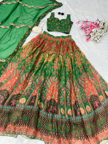 Ravishing Green Color Jimmy Organza Silk Digital Printed Lehenga Choli