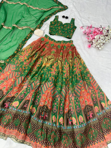 Ravishing Green Color Jimmy Organza Silk Digital Printed Lehenga Choli