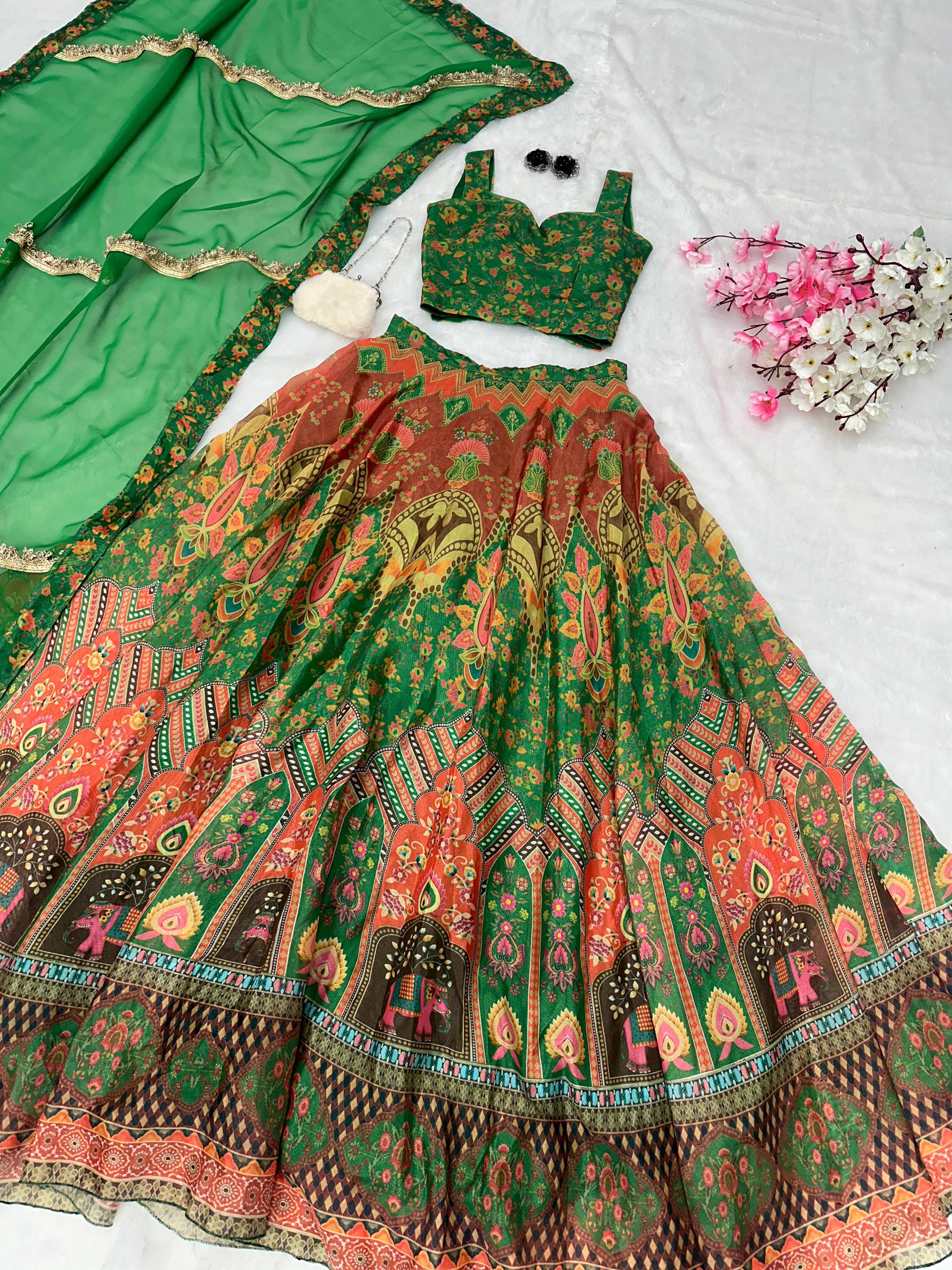 Ravishing Green Color Jimmy Organza Silk Digital Printed Lehenga Choli