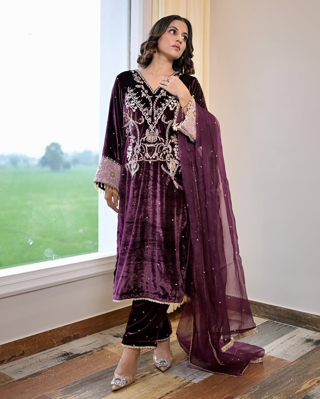 Fashionable Wine Color Velvet Sequence Embroidery Work Beautiful Salwar Suit