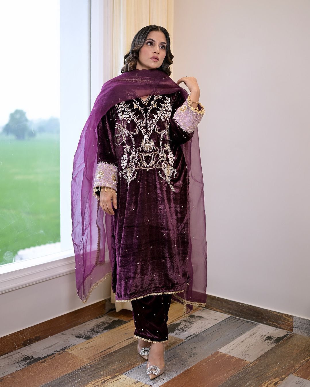 Fashionable Wine Color Velvet Sequence Embroidery Work Beautiful Salwar Suit