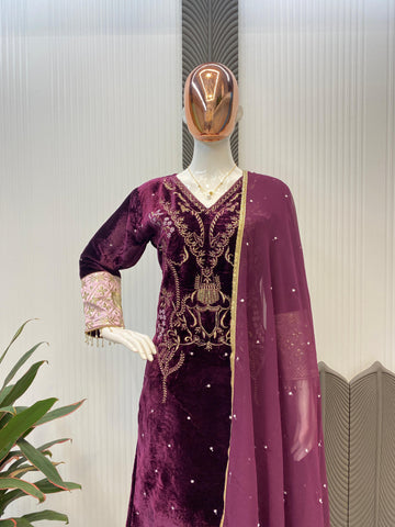 Fashionable Wine Color Velvet Sequence Embroidery Work Beautiful Salwar Suit