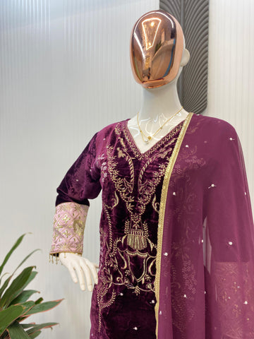 Fashionable Wine Color Velvet Sequence Embroidery Work Beautiful Salwar Suit