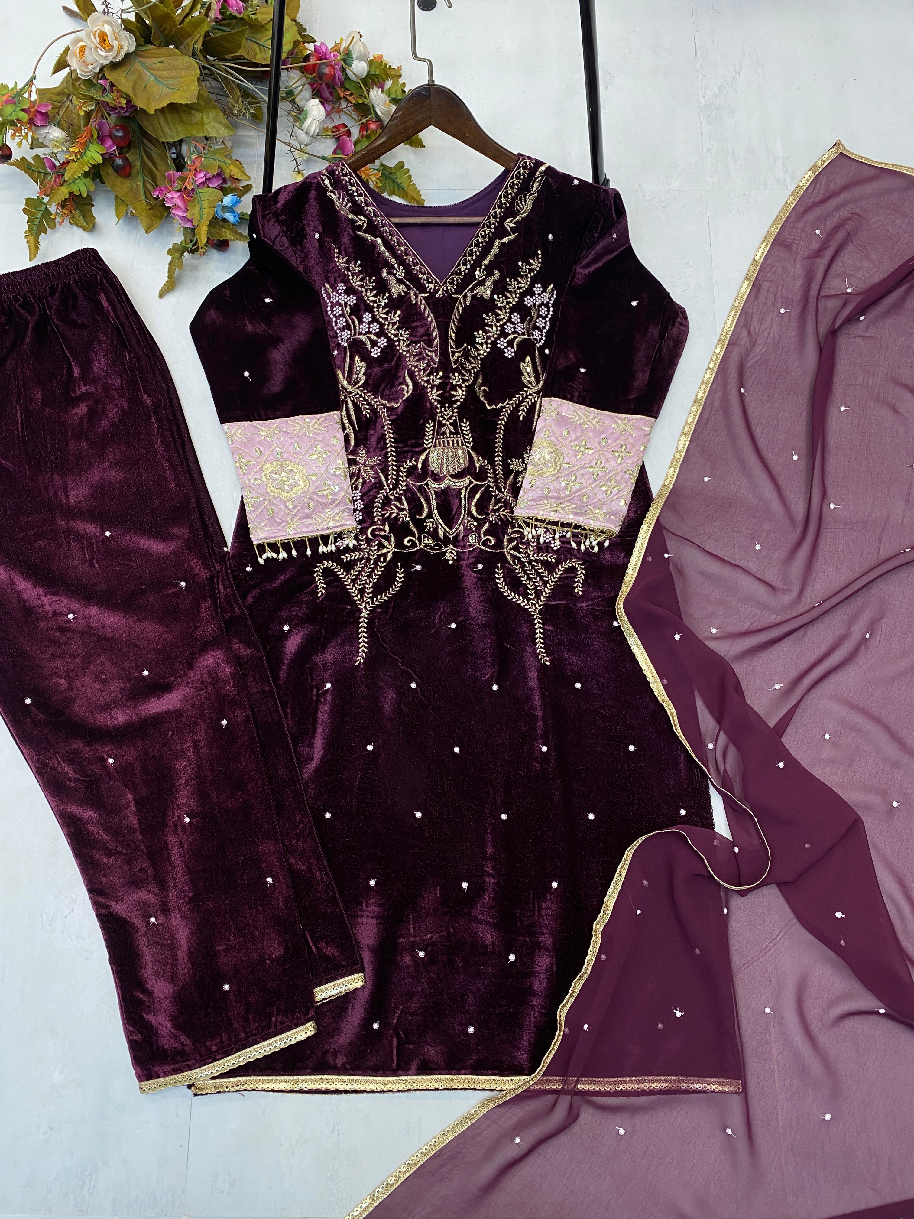 Fashionable Wine Color Velvet Sequence Embroidery Work Beautiful Salwar Suit