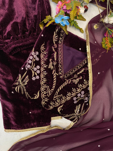 Fashionable Wine Color Velvet Sequence Embroidery Work Beautiful Salwar Suit