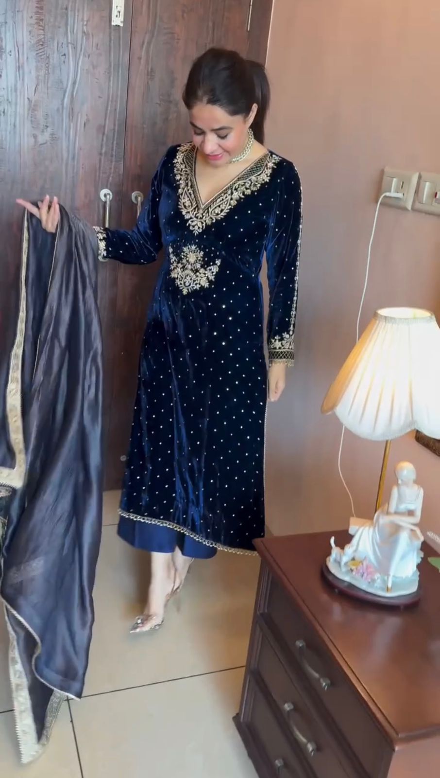 Luxuriant Navy Blue Color Viscos Velvet Thread With Rivet Moti Work Designer Salwar Suit