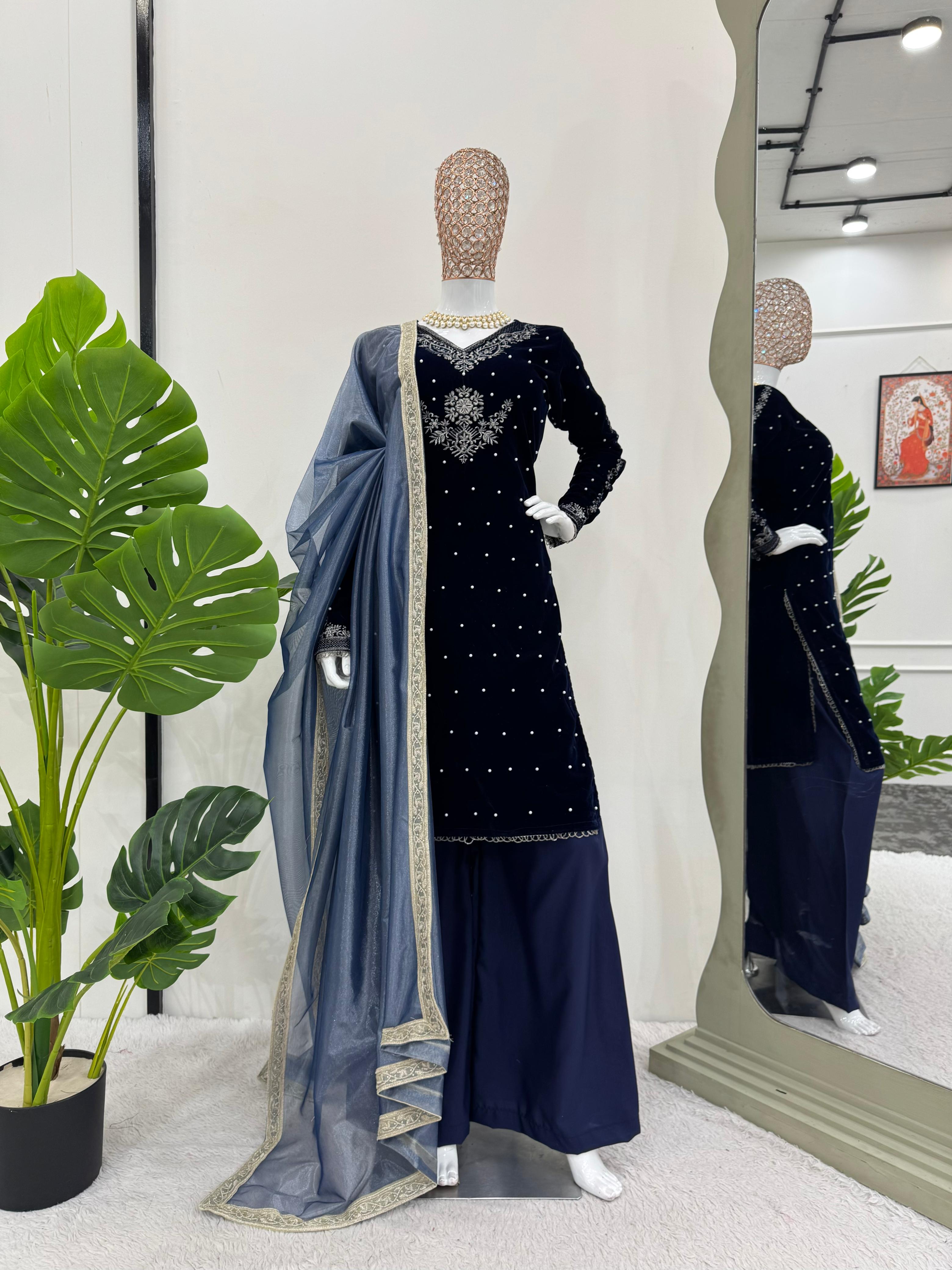 Luxuriant Navy Blue Color Viscos Velvet Thread With Rivet Moti Work Designer Salwar Suit