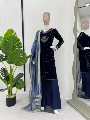 Luxuriant Navy Blue Color Viscos Velvet Thread With Rivet Moti Work Designer Salwar Suit