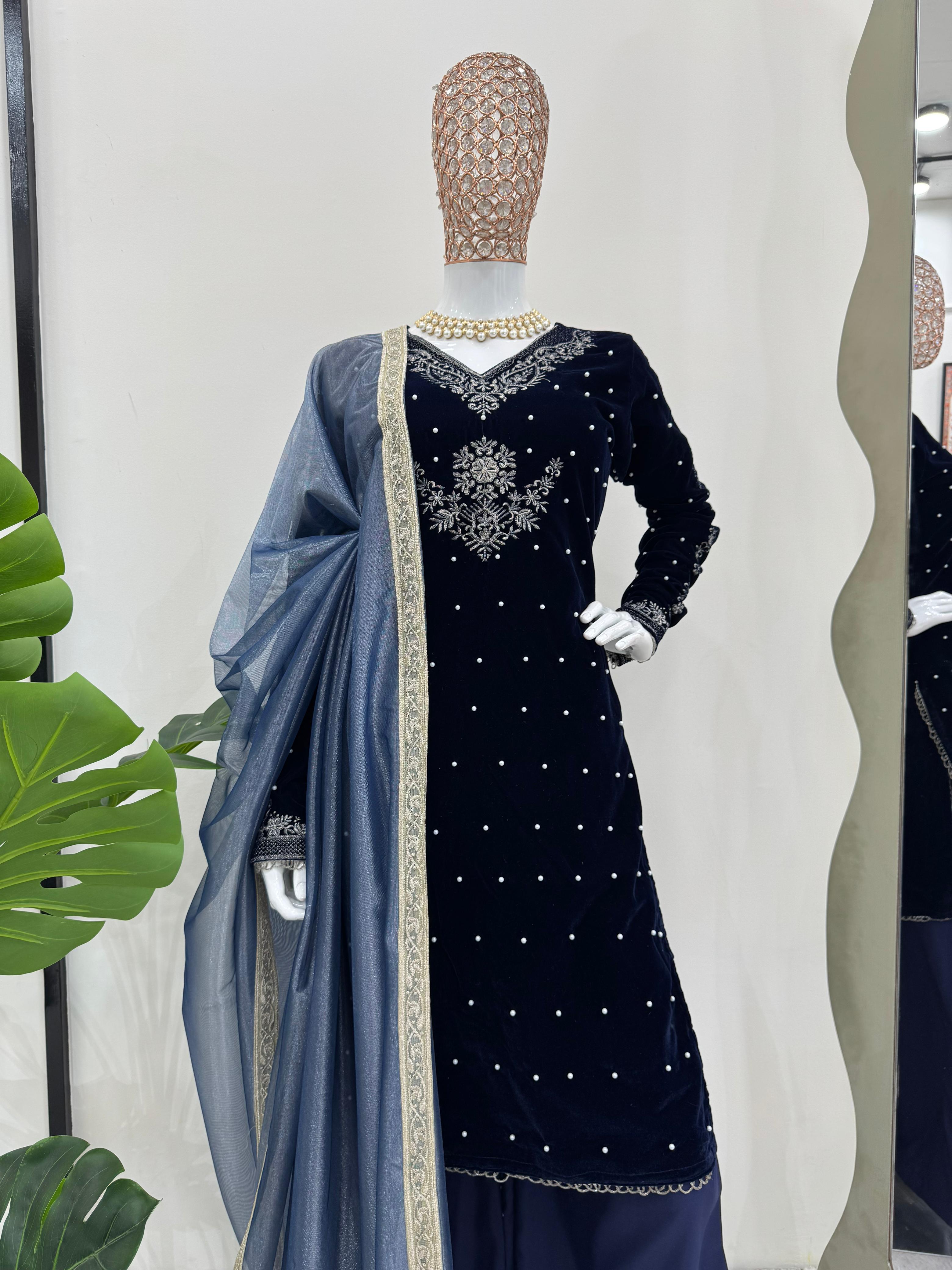 Luxuriant Navy Blue Color Viscos Velvet Thread With Rivet Moti Work Designer Salwar Suit