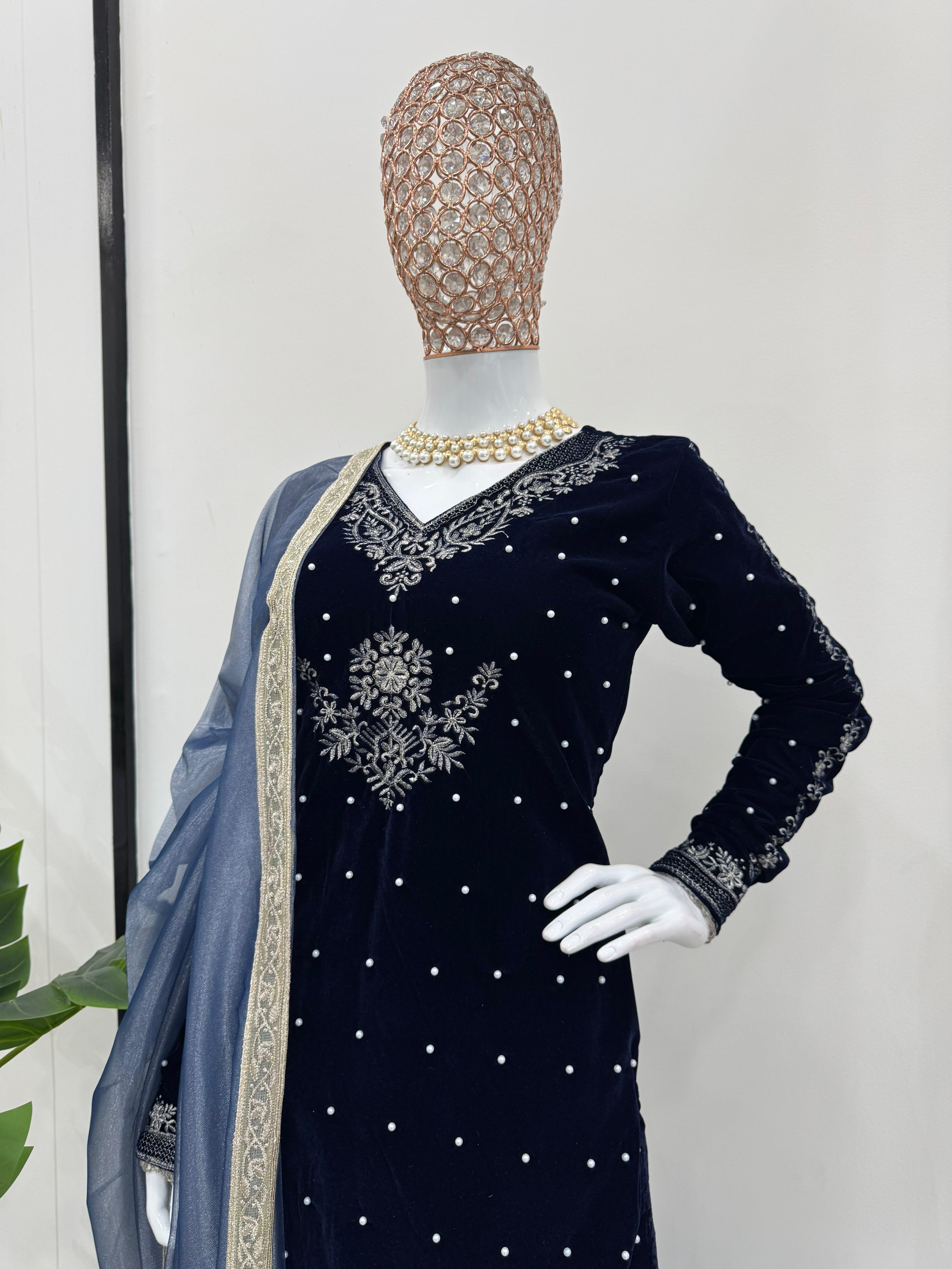 Luxuriant Navy Blue Color Viscos Velvet Thread With Rivet Moti Work Designer Salwar Suit