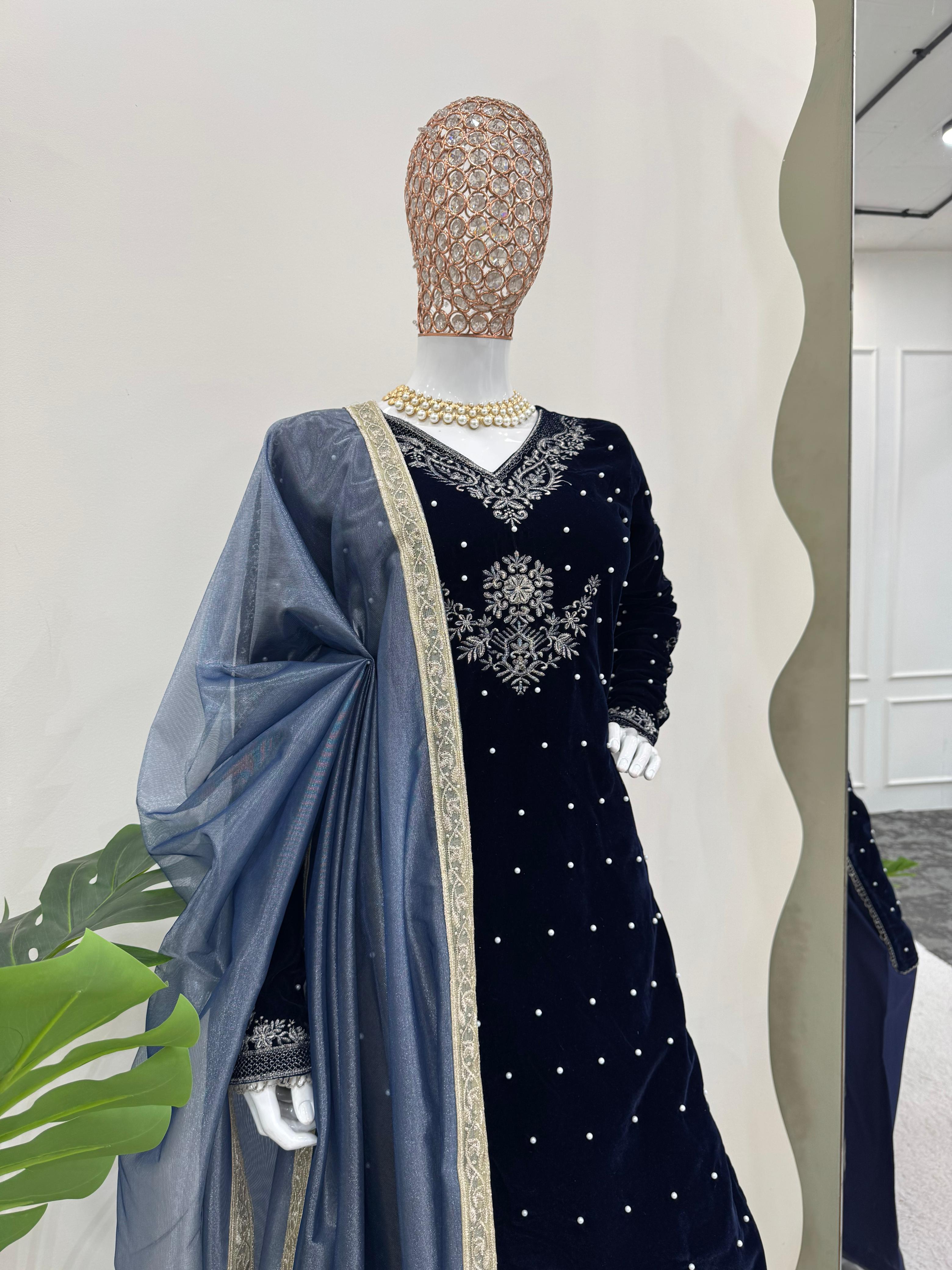 Luxuriant Navy Blue Color Viscos Velvet Thread With Rivet Moti Work Designer Salwar Suit