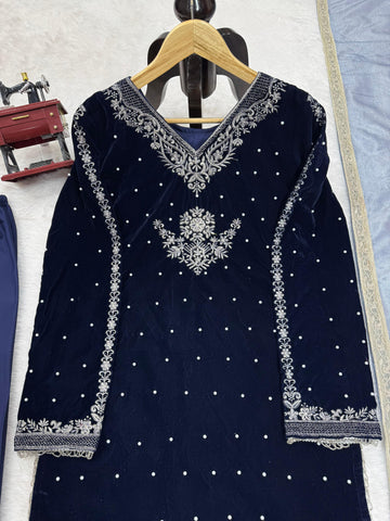 Luxuriant Navy Blue Color Viscos Velvet Thread With Rivet Moti Work Designer Salwar Suit