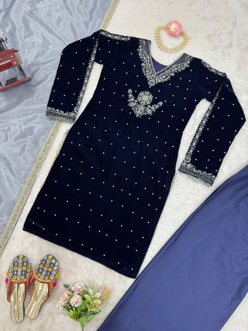 Luxuriant Navy Blue Color Viscos Velvet Thread With Rivet Moti Work Designer Salwar Suit