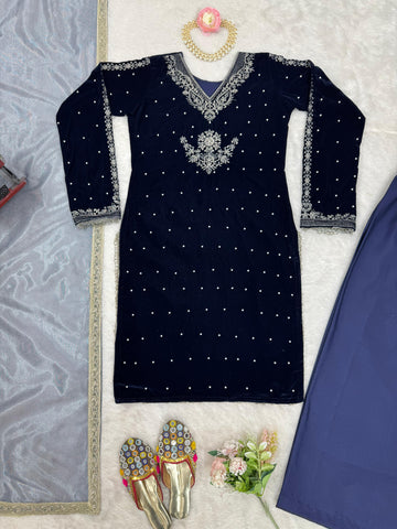 Luxuriant Navy Blue Color Viscos Velvet Thread With Rivet Moti Work Designer Salwar Suit