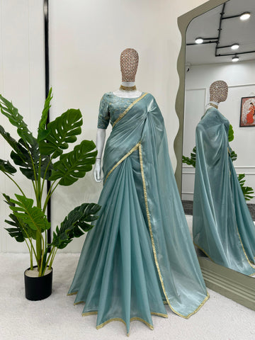 Superhit Sky Blue Heavy Jimmy Chu Fancy Lace With Sequence Work Designer Saree