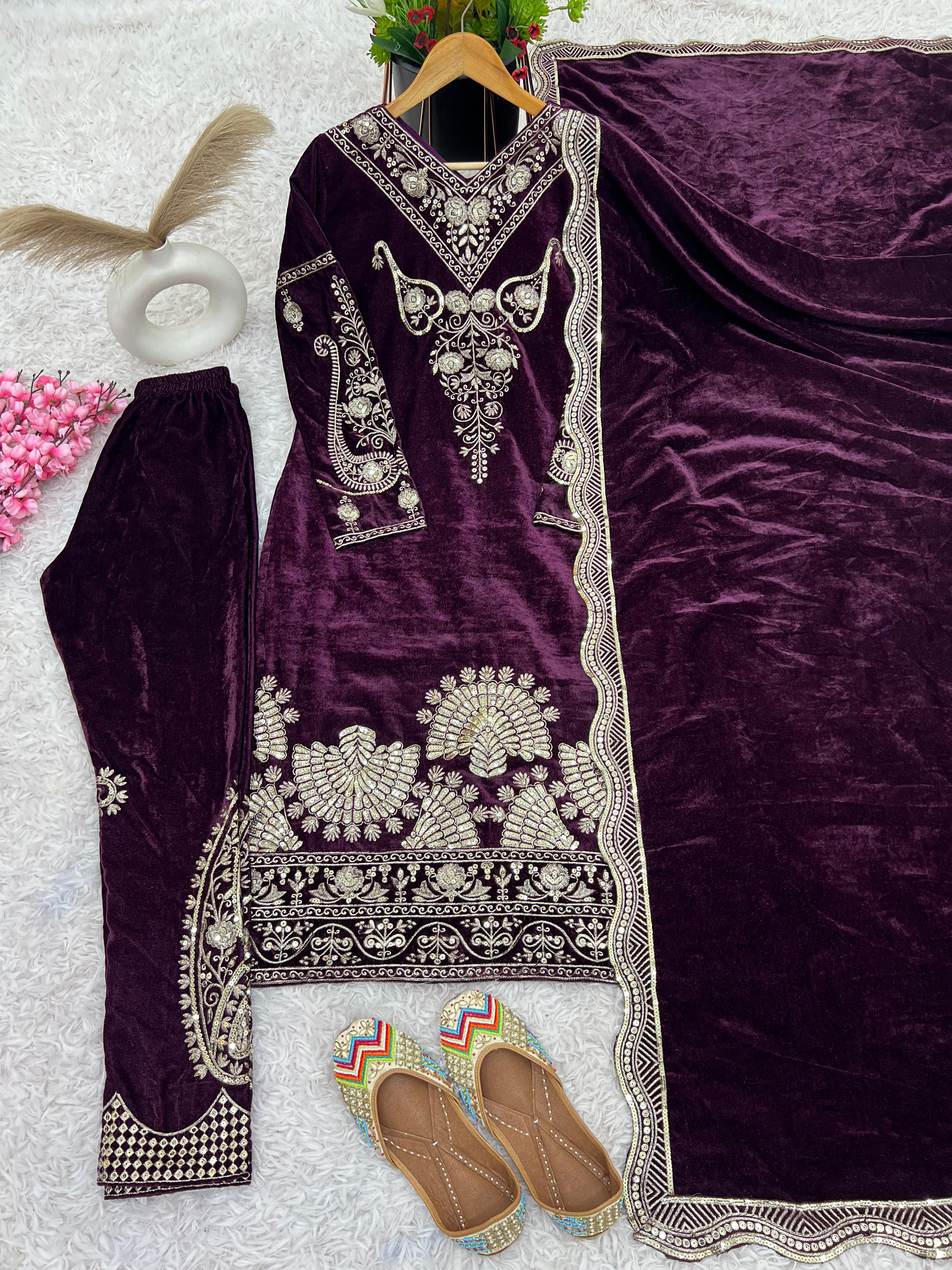 Function Wear Wine Color Heavy Viscose Velvet With Heavy Embroidery Sequence Work Salwar Suit