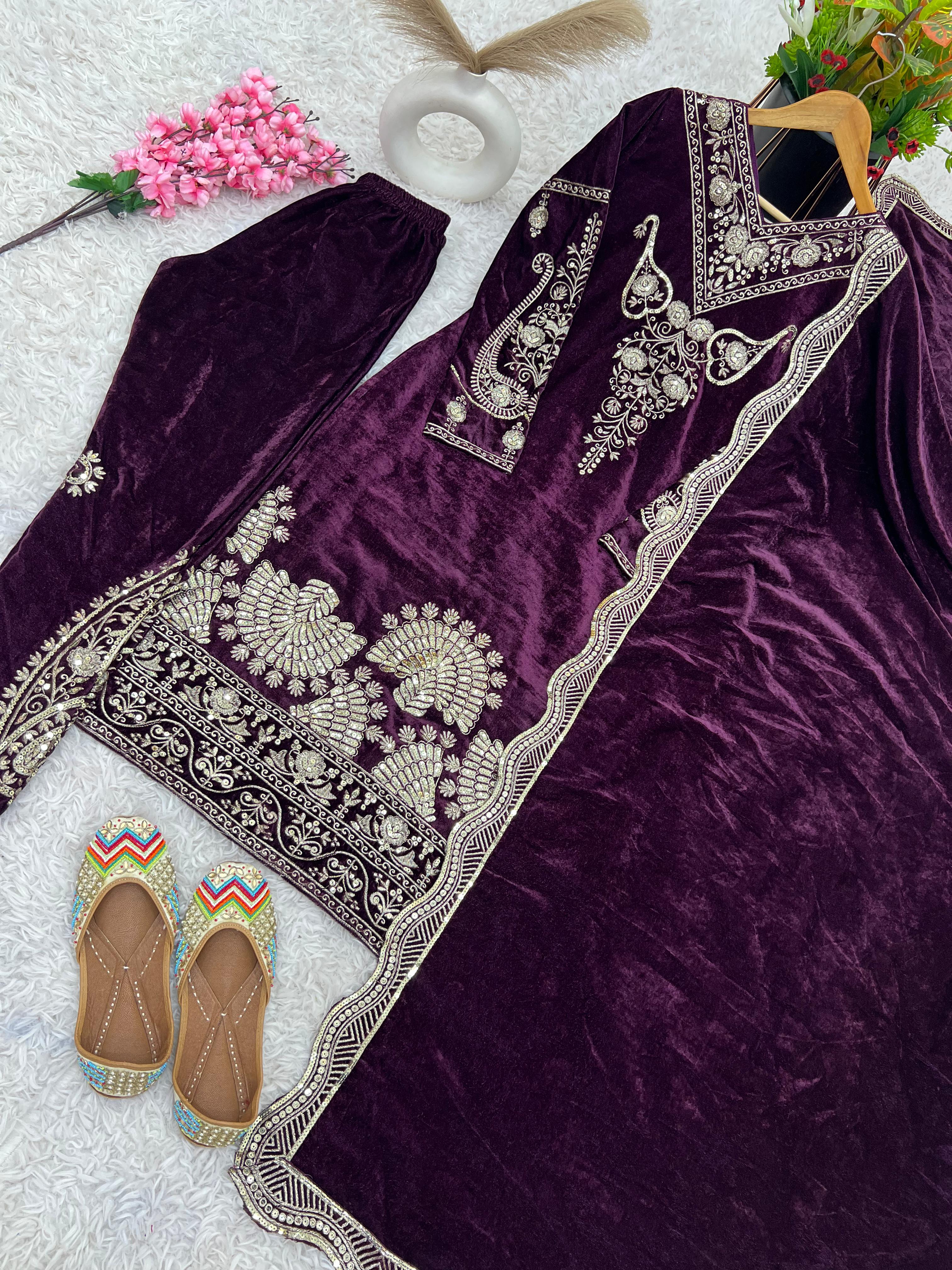 Function Wear Wine Color Heavy Viscose Velvet With Heavy Embroidery Sequence Work Salwar Suit