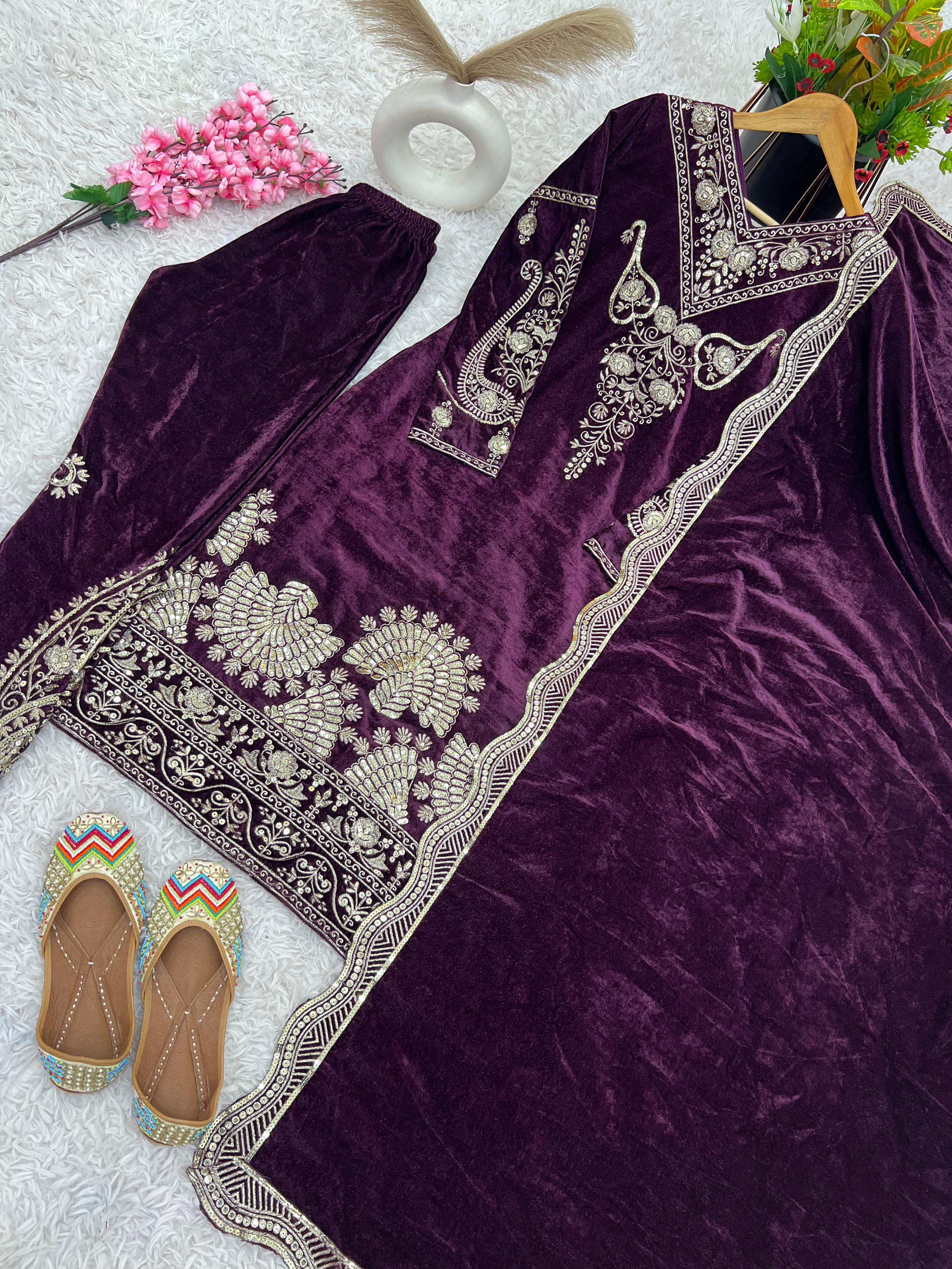 Function Wear Wine Color Heavy Viscose Velvet With Heavy Embroidery Sequence Work Salwar Suit