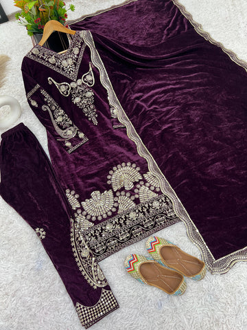 Function Wear Wine Color Heavy Viscose Velvet With Heavy Embroidery Sequence Work Salwar Suit