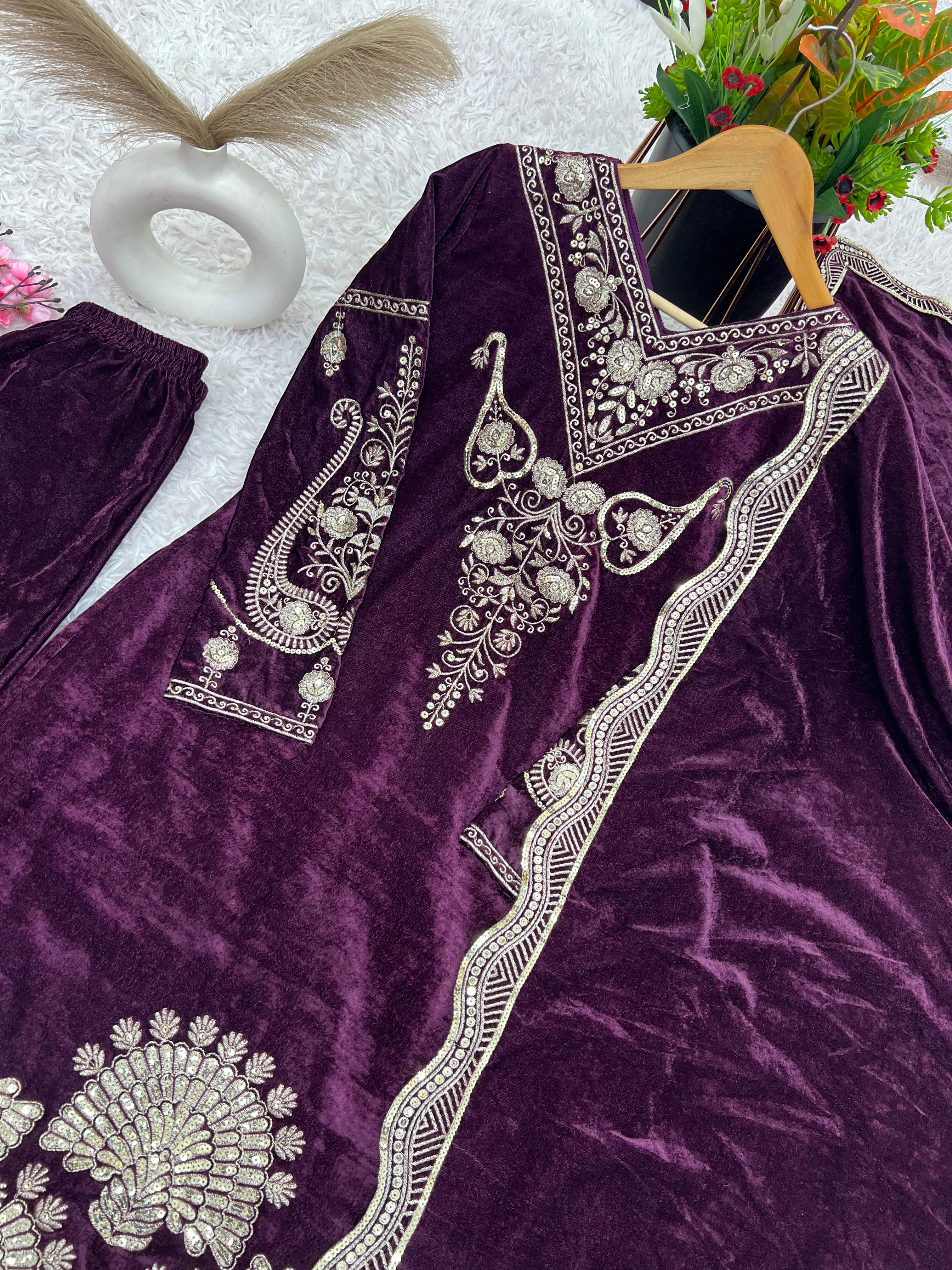 Function Wear Wine Color Heavy Viscose Velvet With Heavy Embroidery Sequence Work Salwar Suit