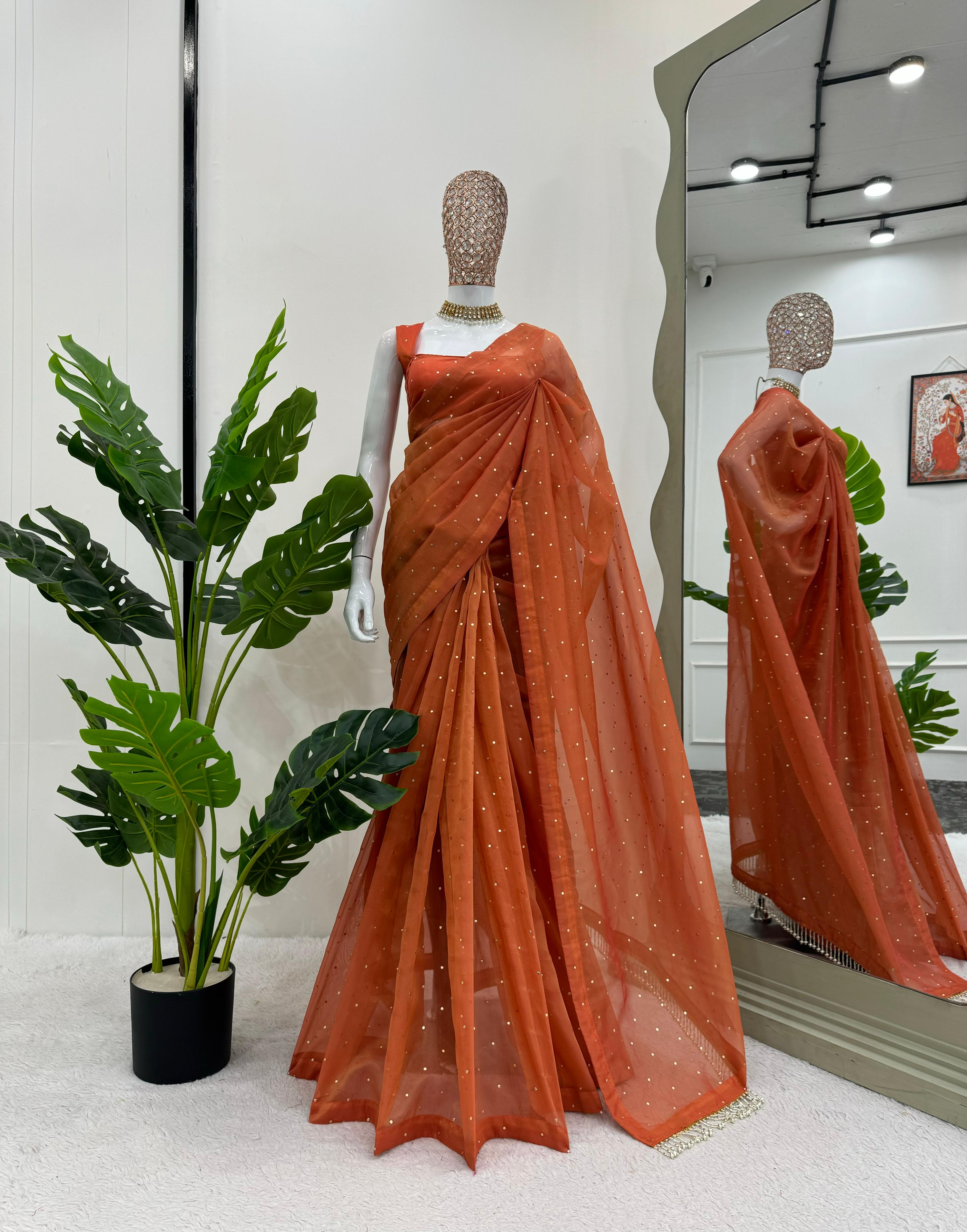 Function Wear Orange Color Tissue Silk Mukesh Work With Heavy Fancy Lace Designer Organza Saree