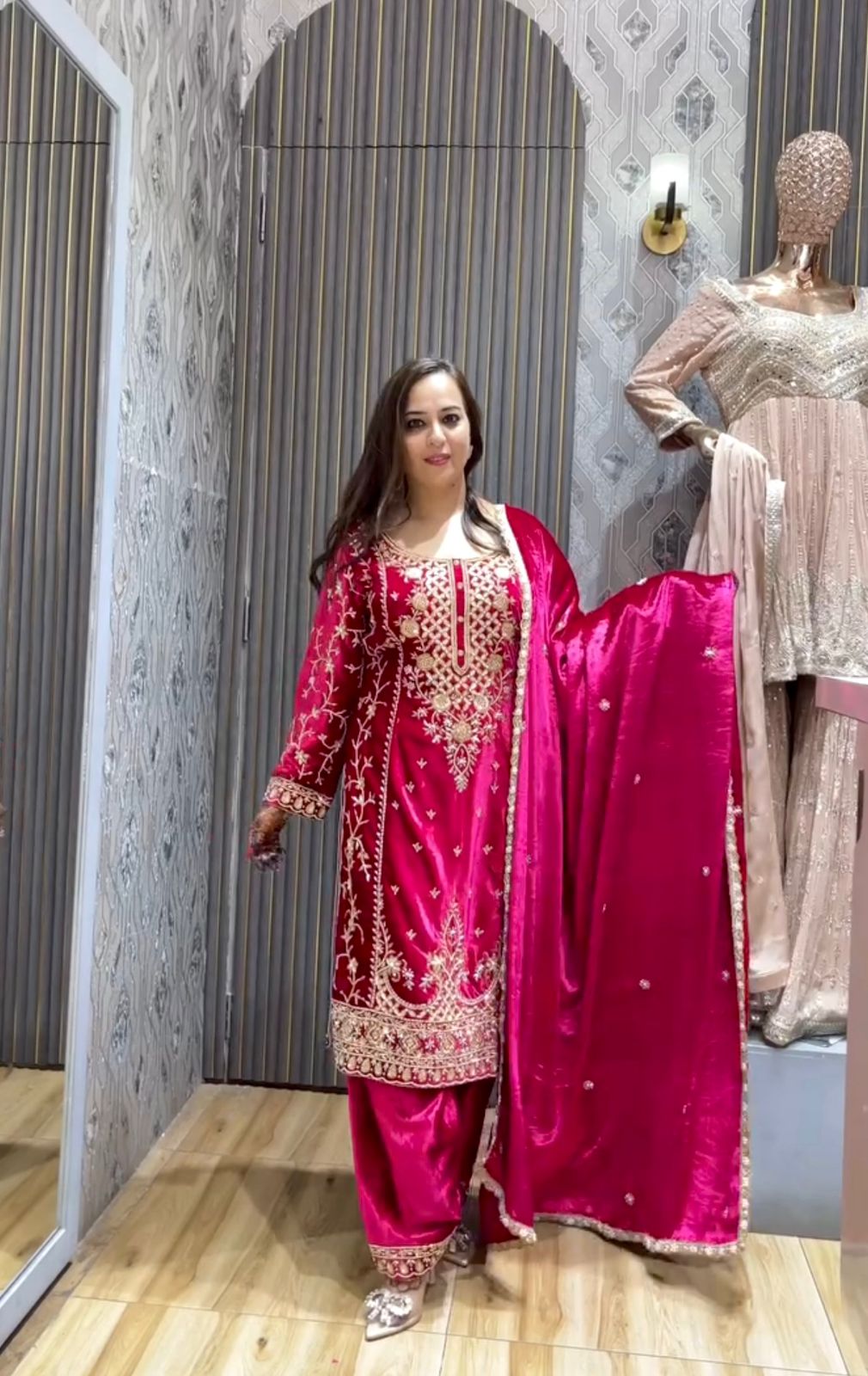 Celebrity Wear Pink Color Pure Viscous Velvet With Heavy Embroidery 5mm Sequence Work Velvet Suit