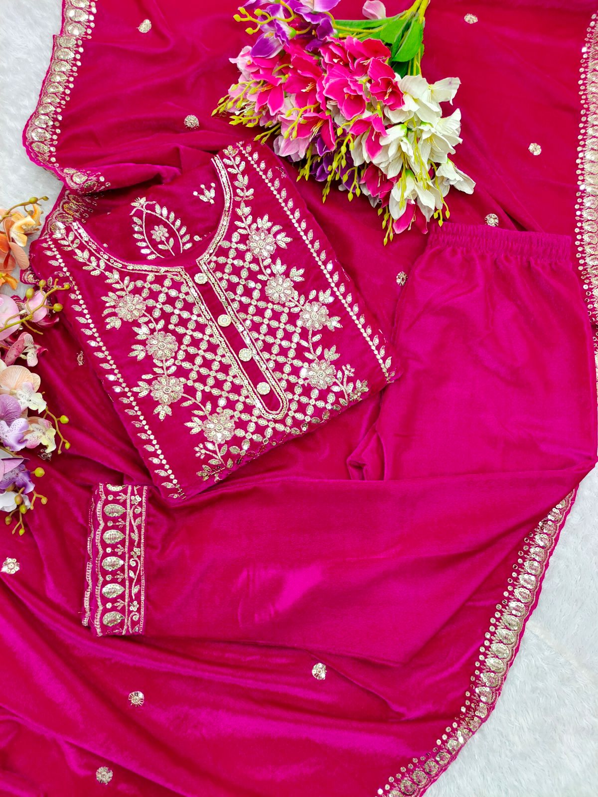 Celebrity Wear Pink Color Pure Viscous Velvet With Heavy Embroidery 5mm Sequence Work Velvet Suit