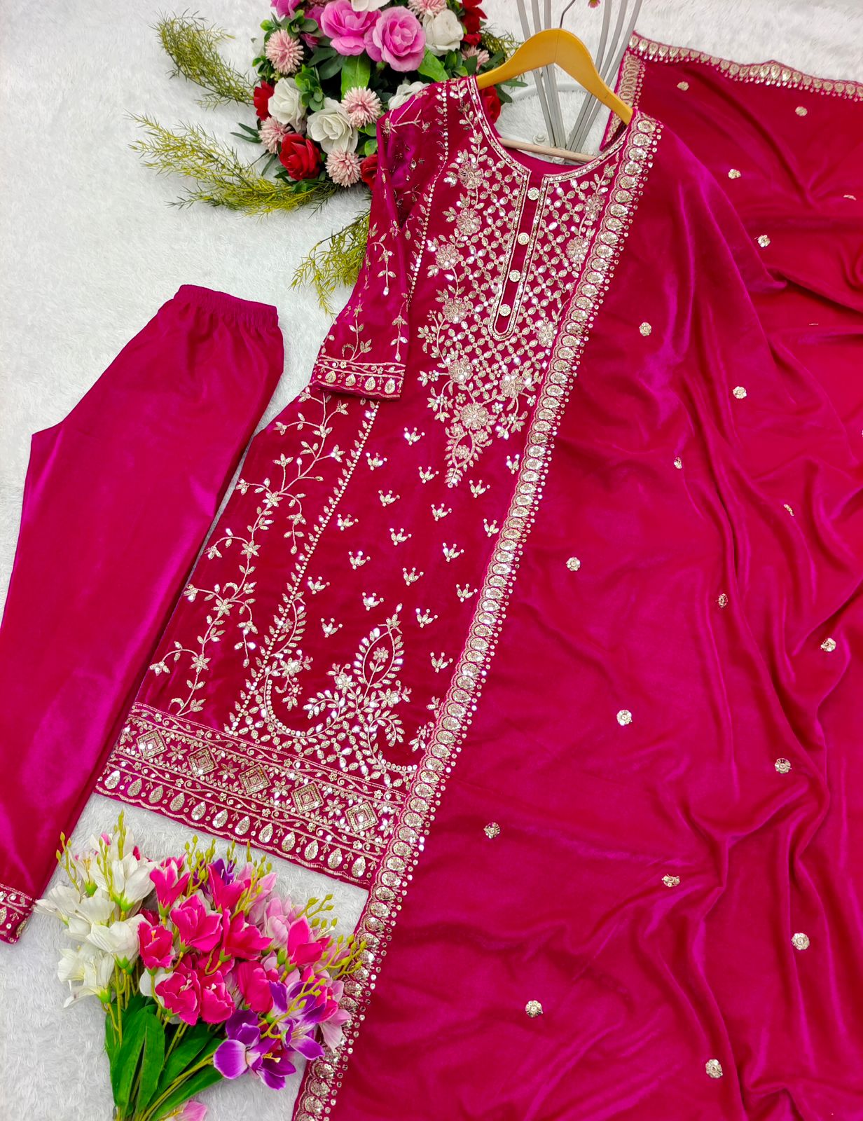 Celebrity Wear Pink Color Pure Viscous Velvet With Heavy Embroidery 5mm Sequence Work Velvet Suit