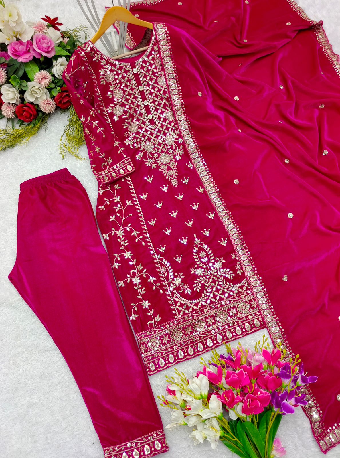 Celebrity Wear Pink Color Pure Viscous Velvet With Heavy Embroidery 5mm Sequence Work Velvet Suit