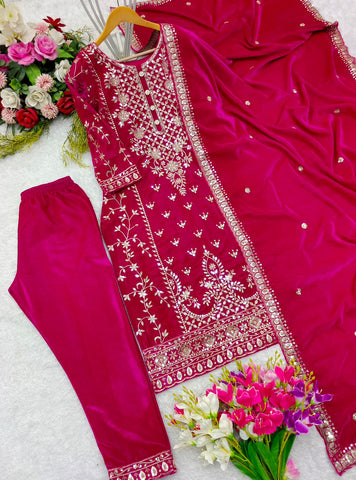 Celebrity Wear Pink Color Pure Viscous Velvet With Heavy Embroidery 5mm Sequence Work Velvet Suit