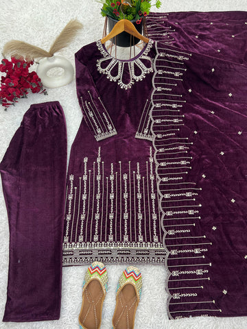 Glossy Wine Color Heavy Viscose Velvet With Heavy Embroidery Sequence Work Designer Salwar Suit