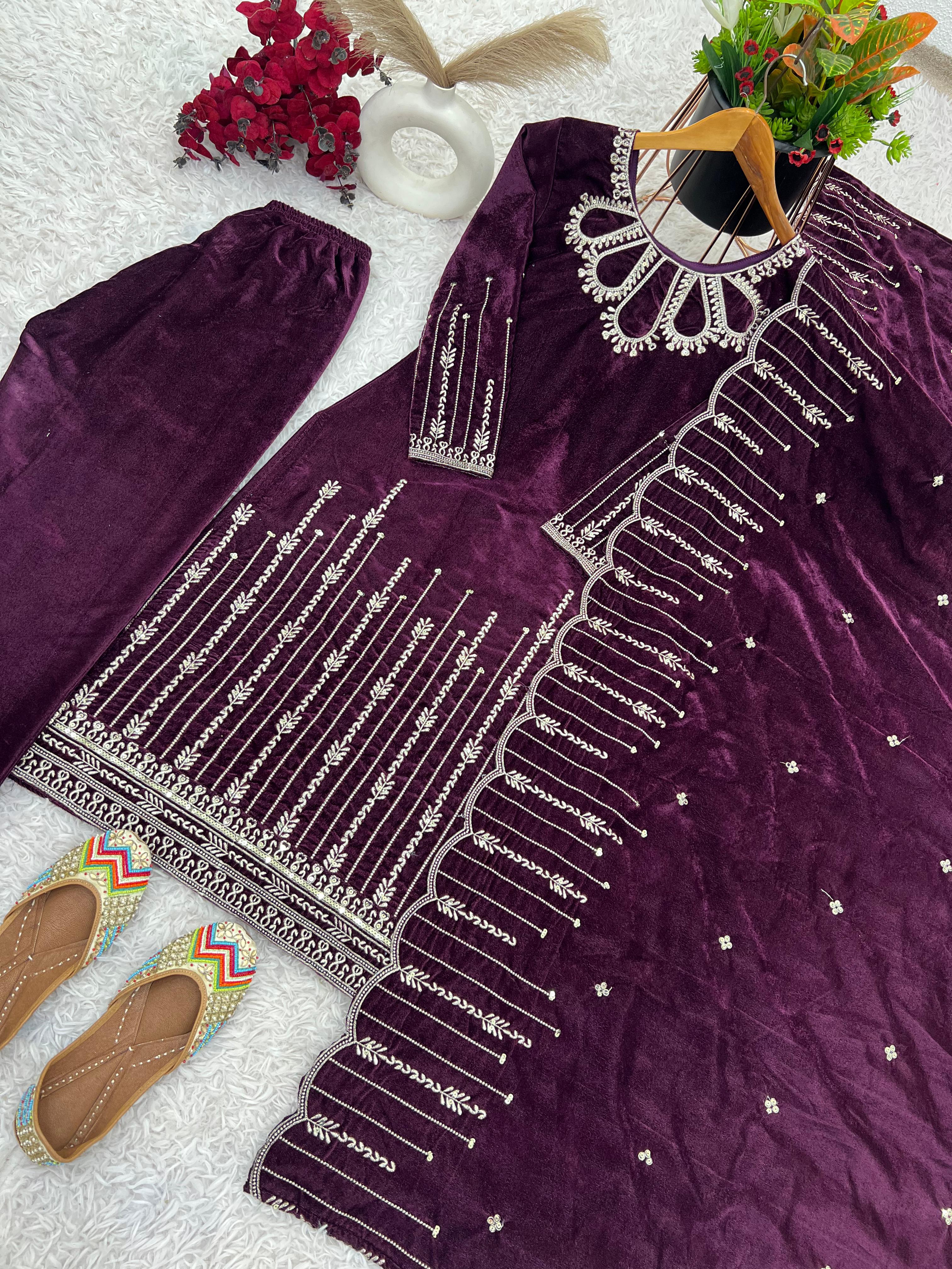 Glossy Wine Color Heavy Viscose Velvet With Heavy Embroidery Sequence Work Designer Salwar Suit