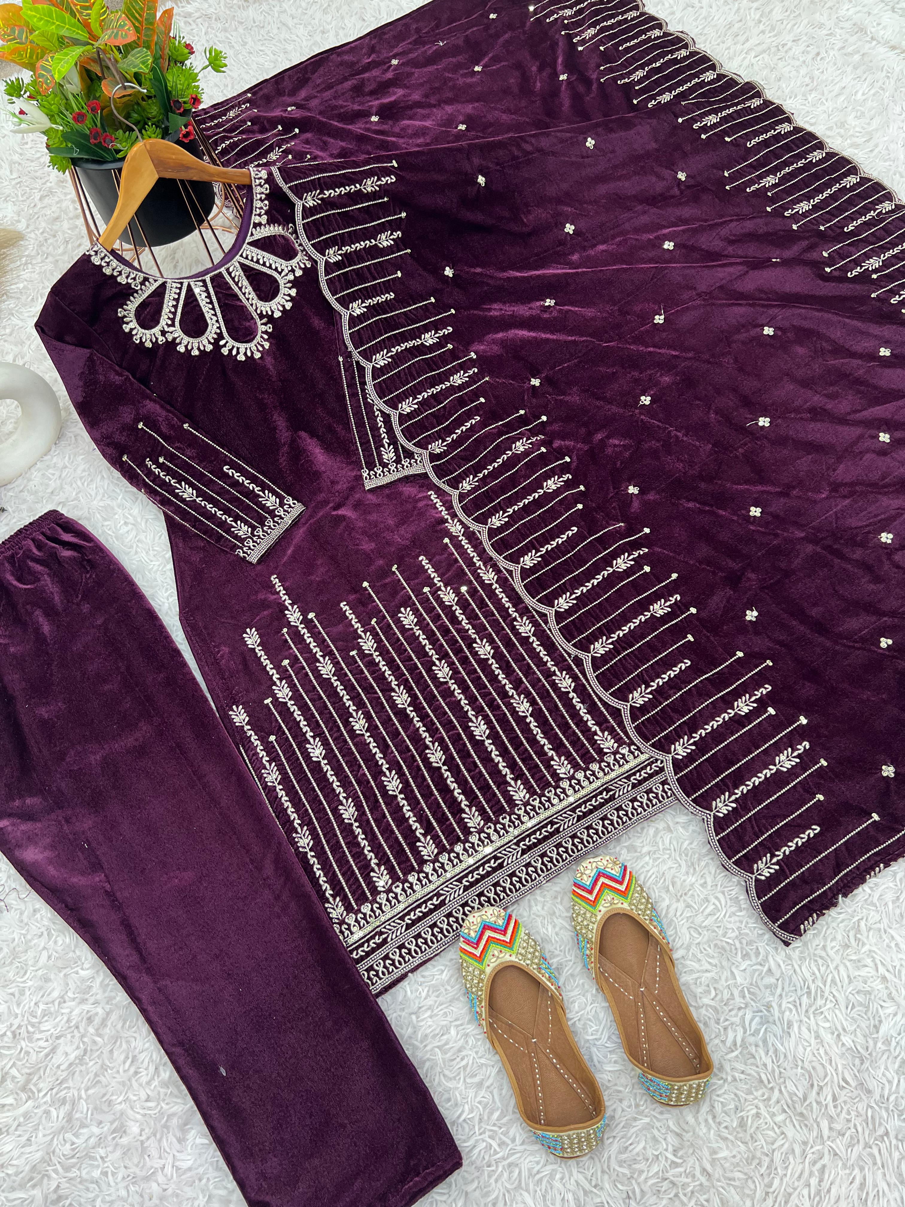 Glossy Wine Color Heavy Viscose Velvet With Heavy Embroidery Sequence Work Designer Salwar Suit