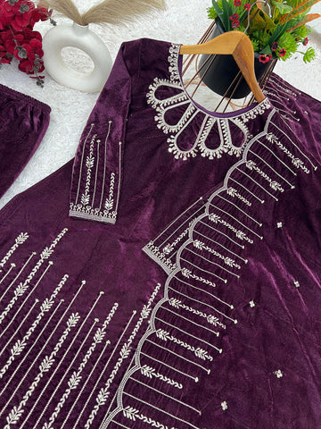 Glossy Wine Color Heavy Viscose Velvet With Heavy Embroidery Sequence Work Designer Salwar Suit