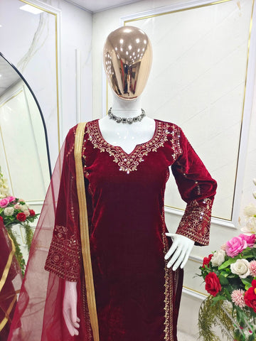 Preferable Maroon Color Pure 9000 Viscous Velvet With Heavy Embroidery 5mm Sequence Work Velvet Suit